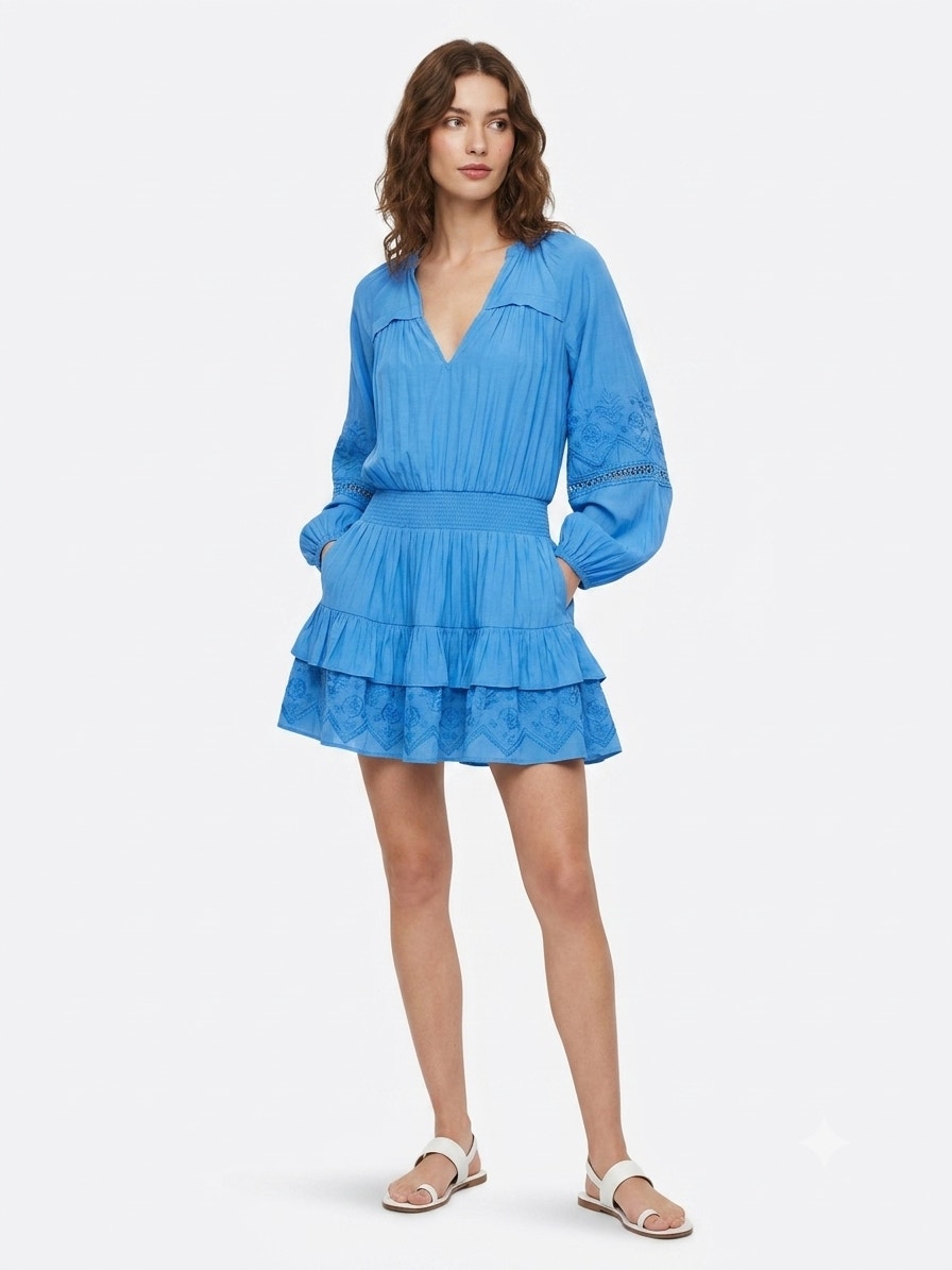 Nwt Ramy Brook Mini Dress Womens S Periwinkle Sabina Embroidered Smocked Tiered